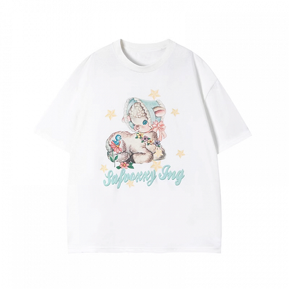 T-Shirt Loose White Round Neck Cute Deer Print