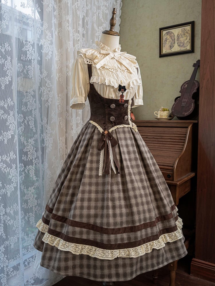 Brown Under Bust Plaid Pattern Lolita Dress Lolita Jumper Skirt