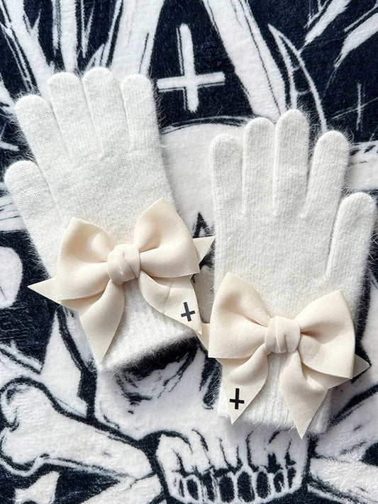 Cutout Gothic Details Black Pads Bowknot Finger Gloves Print With White at Cross