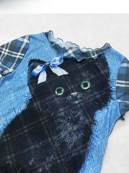 Plaid And Pattern Bittersweet Rolled Print Letter Cat Y2K Blue
