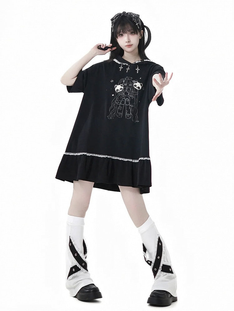 Black Cross Charms Contrast Girl Trim Dress Print Hooded Bittersweet Lace