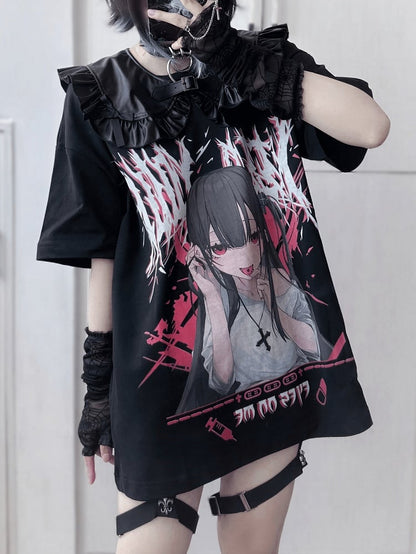 Jirai Kei Black Anime Girl Yami Kawaii T-shirt with Fake Collar Set