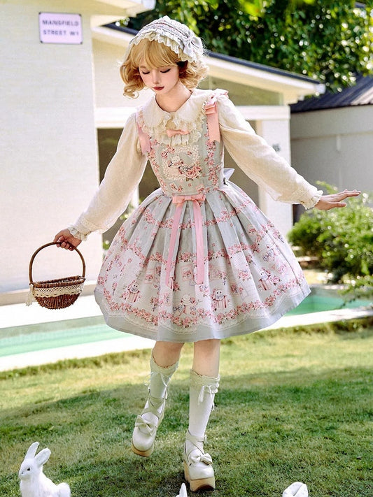 Kitty and Floral Green Sweet Lolita Jumper Skirt