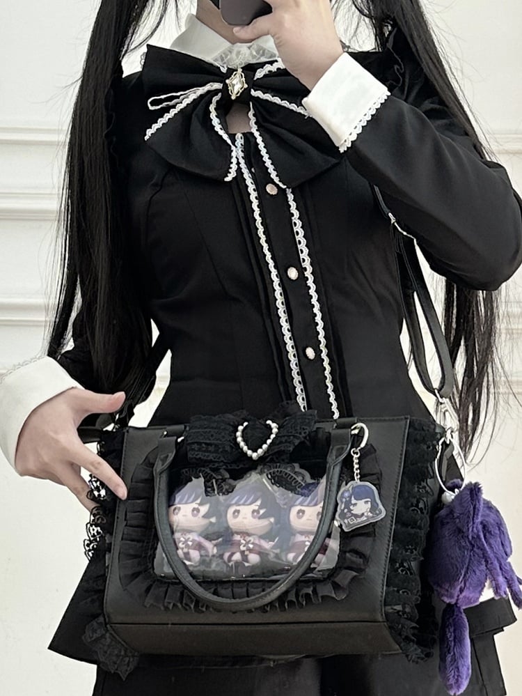 Ita Trim with Jirai Decorated Bowknot Free Holder Lace Beaded Card Bag Heart Kei PVC Black