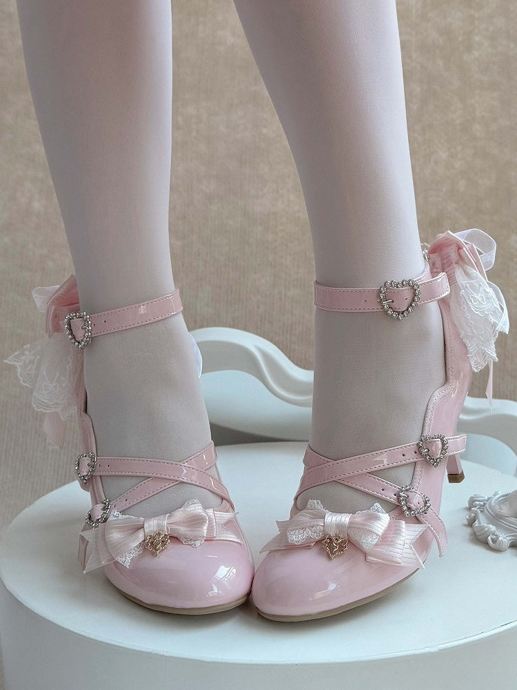 Light Elegant with PU Pink Bows High Leather Lolita Heels