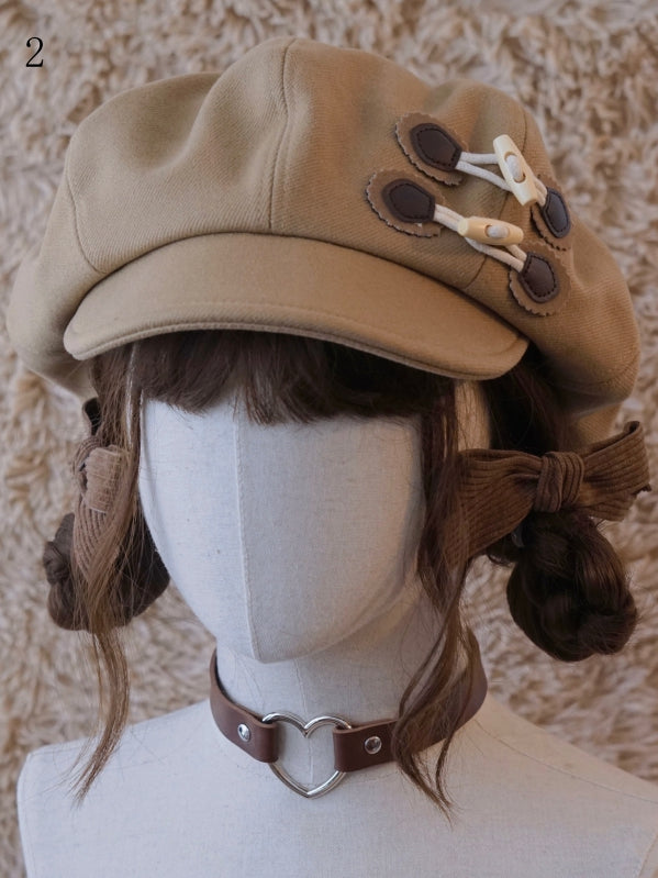 Botton khaki Hat Beret Decorated