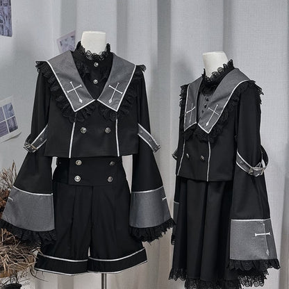 Ouji Long Square and Top Black Lolita Gray Cross Cropped Embroidery Collar Sleeves