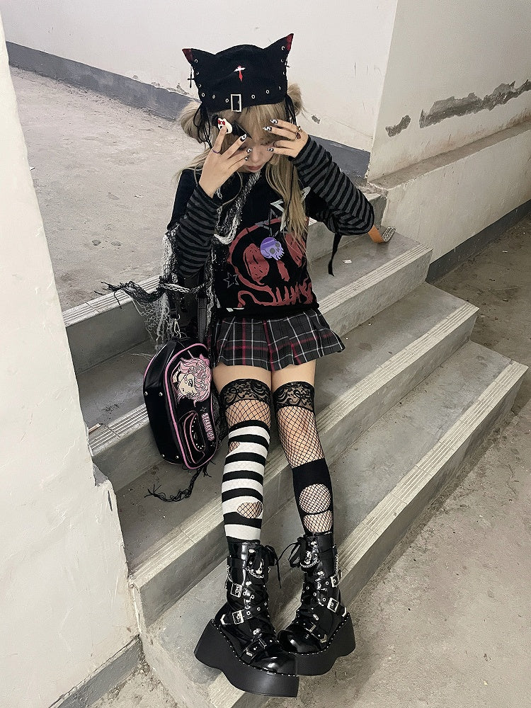 Star Print Punk Rock Black Skeleton Cotton Two-pieces and Top Faux