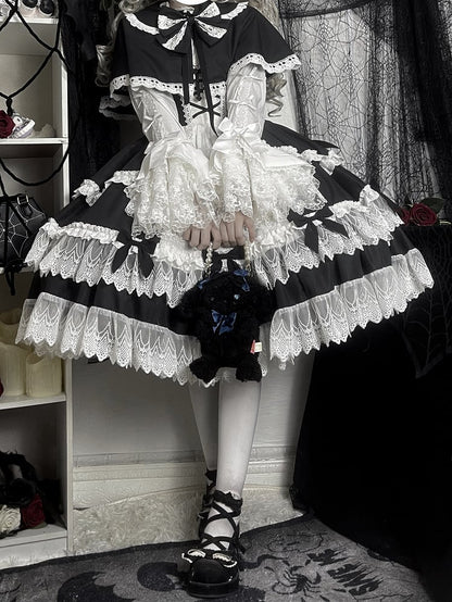 Black and White Old School Lolita Fashion Dress Bowknot Lolita JSK Set