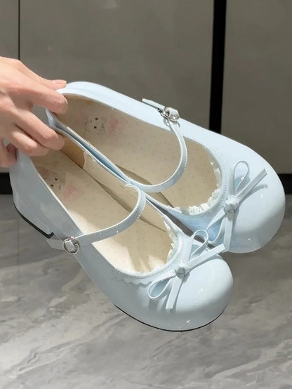 Low-heel Shoes Sweet at Top Blue Knotted Baby Bow Trim Lace