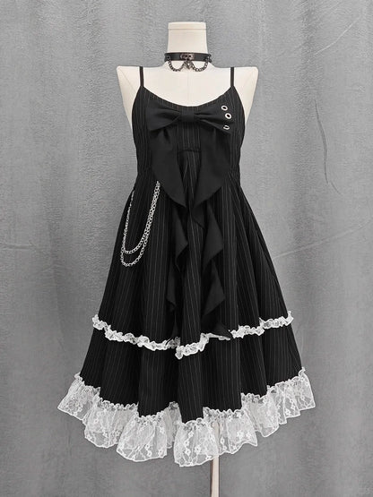 Skirt Cami Dress Big Bow Neckline Black with Striped Waist Detachable Chain Bubble