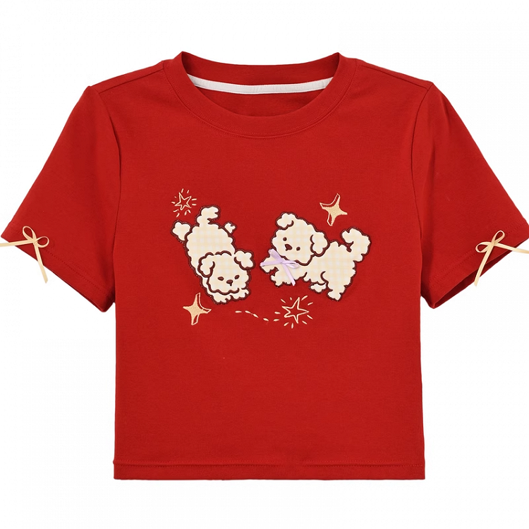 Red Round Neck Adorable Puppy Embroidery Cropped T-Shirt