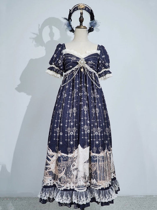 Kleid Empire Print Kette Taille Einhorn mit Perlen Sternen Lolita Blau Dunkel Nacht
