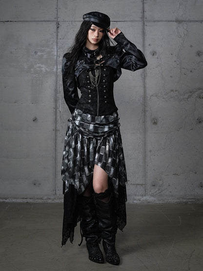Jacket Punk with Vintage Studs PU Buckled Crop Straps Black