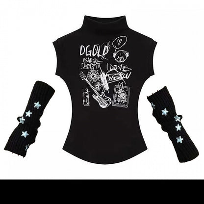 Y2K Black Round Neck Cartoon Glamorous Slim-fitting Tank Top