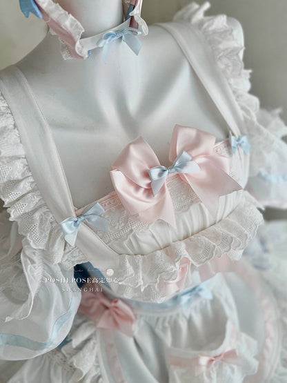 Blue and Pink Sweet Maid Apron + Basque Waist Tiered Ruffles Hem Strapless Puffy Dress