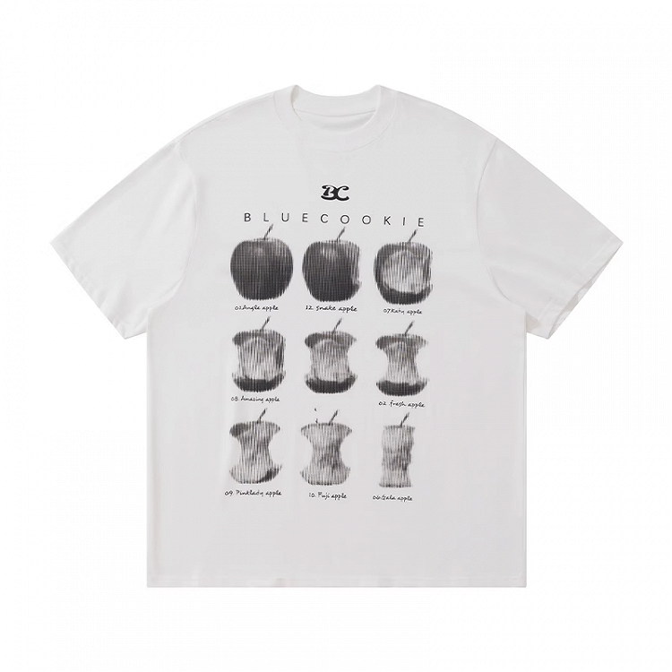 T-Shirt White Round Neck Apple Print Loose