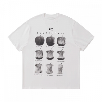 T-Shirt White Round Neck Apple Print Loose