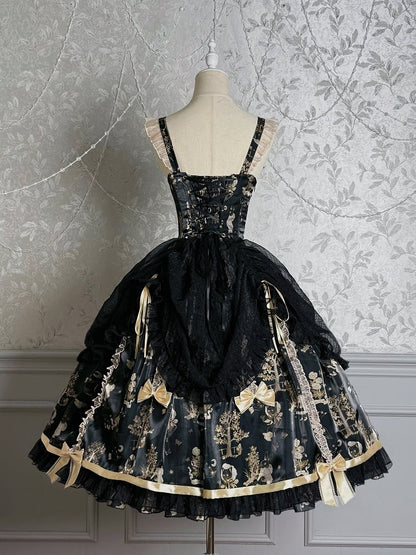 Waist Overlay Lolita and Drawstring Jumper Skirt Corset Black Gold