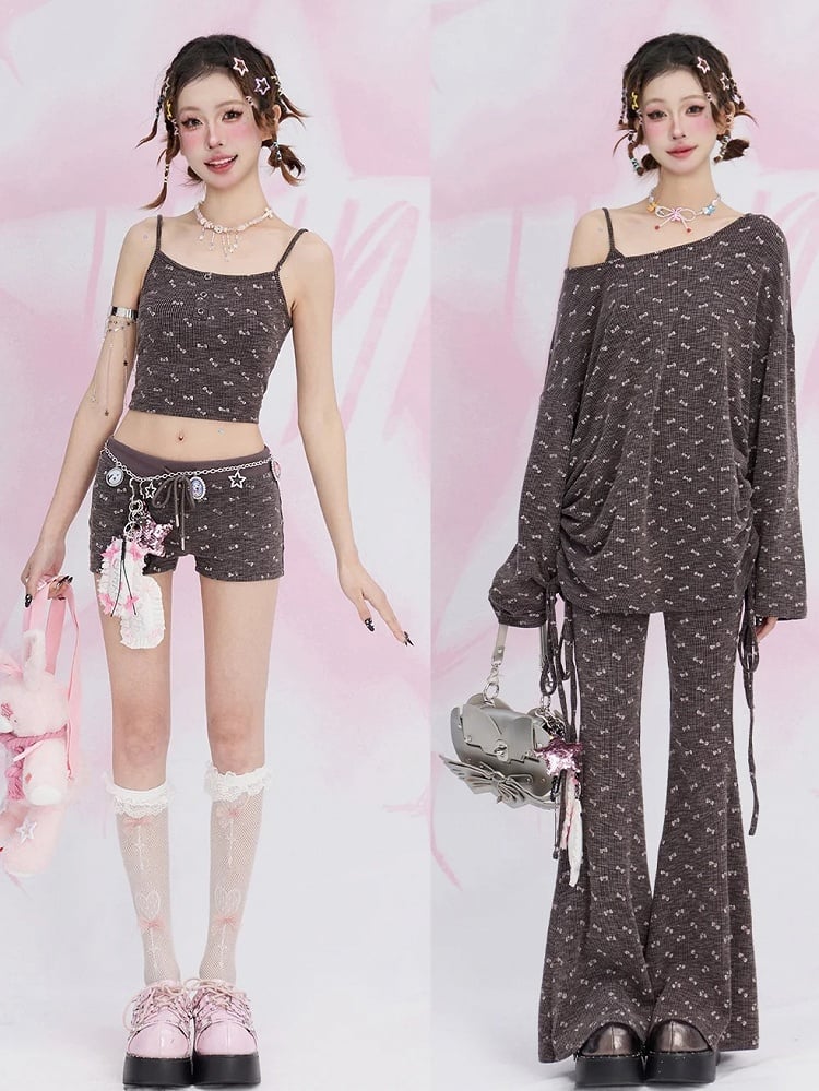 Coffee Bowknot Allover Print Flared Pants