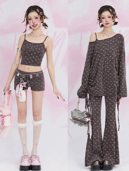 Coffee Bowknot Allover Print Flared Pants