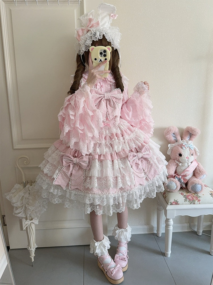 Decoration Tiered Lolita Chain Skirt Hanayome Bead Bows Big Pink Dress