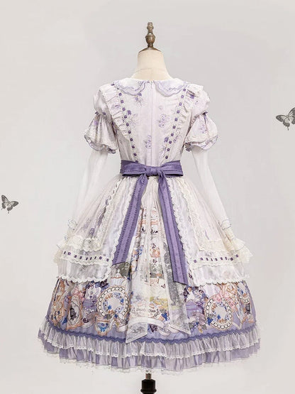 Floral Dress Sleeves Party and Bunny Purple Light Lolita Print with Detachable Tea