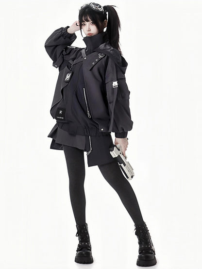 Black Buckle Straps Elastic Cuffs Waist Hooded Jacket Short/Long Version