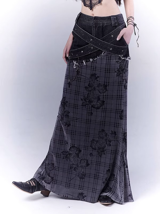 Black Low Criss-cross Studded Strap Plaid Rose Mermaid Skirt Waist
