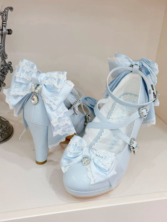 High Buckle Blue Design Heels Heart Crisscross Top Light at Bow