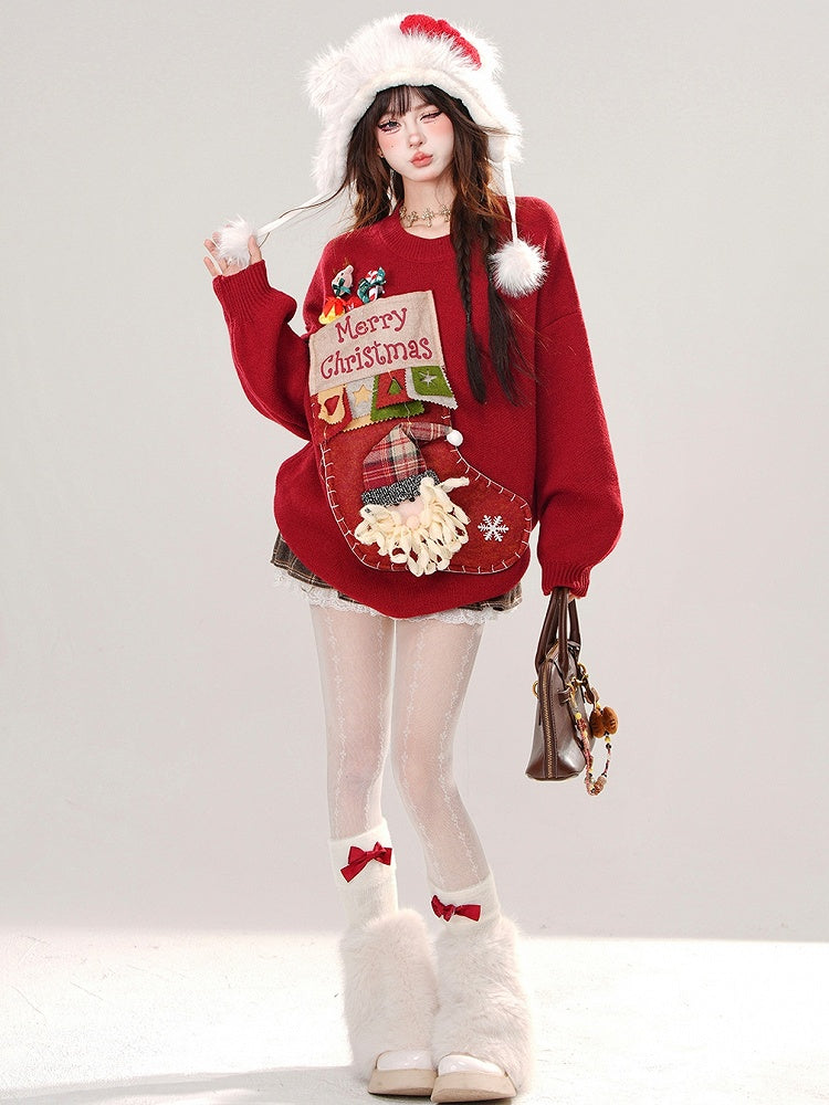 Red Christmas Stocking Design Round Neck Loose Sweater