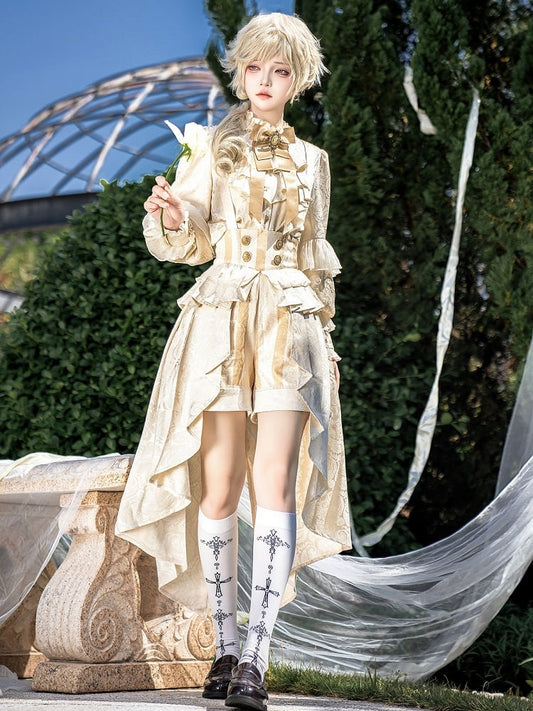 Prince Outfit Champagne Striped Shirt Ruffle Overall Long + Ouji Shorts Lolita Pattern Neckline Sleeves