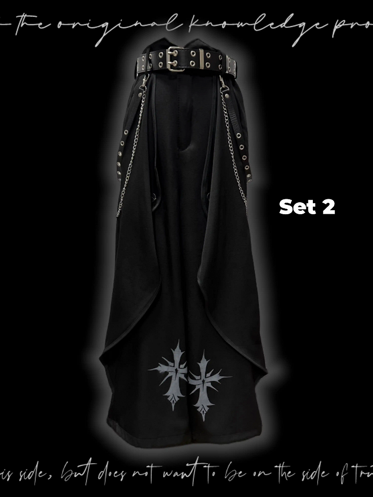 Hem Black Cross Print Wide-Leg Pants Asymmetrical