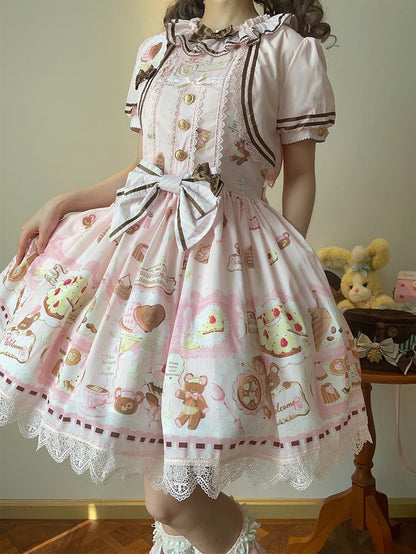 Two-pieces Theme Fake Desserts Bear Dress Pink Lolita Sweet Print Design