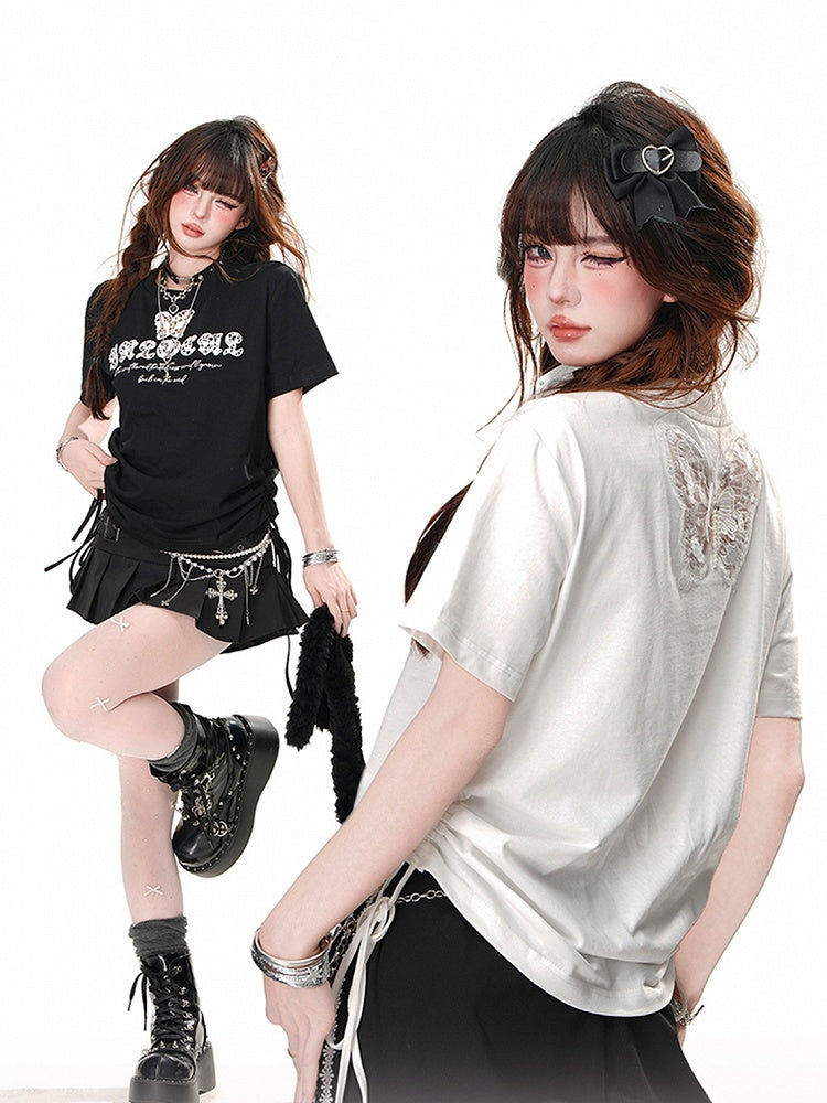 Black/White Butterfly-Shaped Cutout Details Drawstring Waist Glamorous  T-Shirt