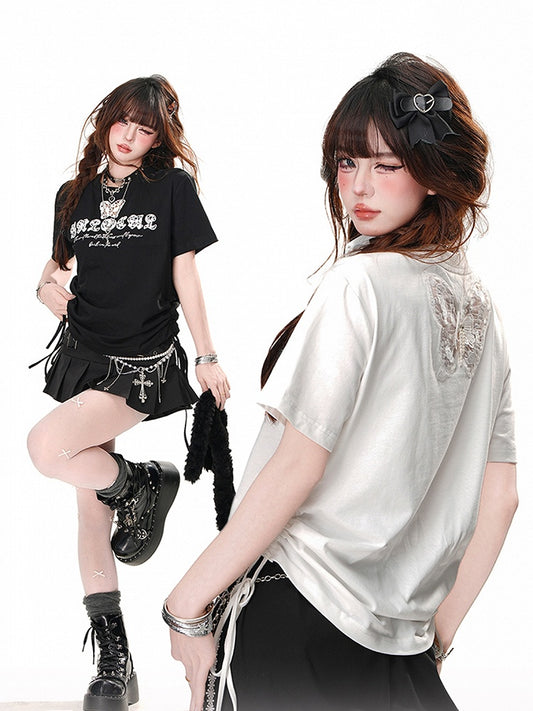 Black/White Butterfly-Shaped Cutout Details Drawstring Waist Glamorous  T-Shirt