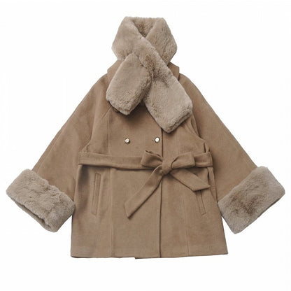 Coffee Baggy Long Sleeves Detachable Plush Cuffs Coat