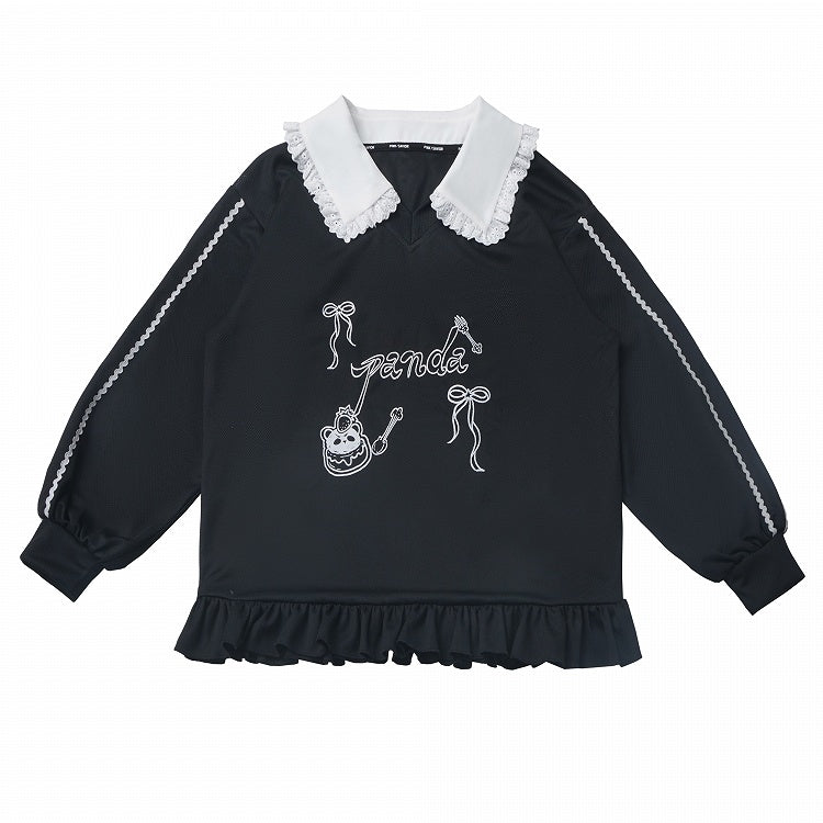 Short/Long Top Sleeves Panda Dessert Print Ruffled Pointed Flat Collar Ruffled Hem Black