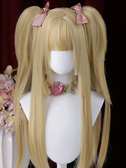 Blonde Hime Cut Long Straight Synthetic Wig with Double Claw Clips