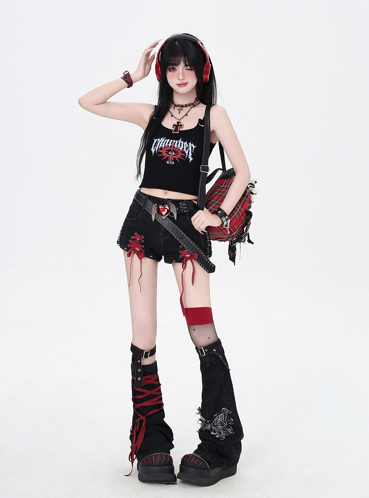Lace-up Details with Red Leg Black Warmers and Butterfly Hem Denim Shorts Applique