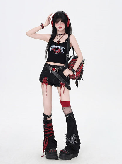Lace-up Details with Red Leg Black Warmers and Butterfly Hem Denim Shorts Applique