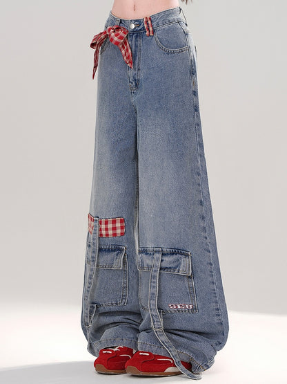 Light Blue Detachable Plaid Bow Cargo Pockets Wide-leg Cut Jeans