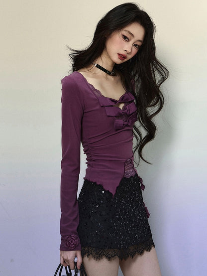 Purple Bow Accents Lace Trim V-neck Long Sleeves Top