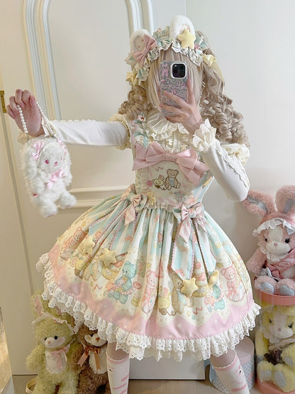 Pink and Green Teddy Print Sweet Lolita Jumper Skirt