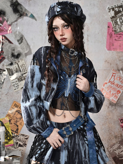 Grunge Punk Rock Blue Cutout Sleeves Tie Dye PU Moto Jacket with Free Belt