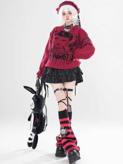 Wine Red/Black Y2K Girl Pattern Sweater with Free Choker