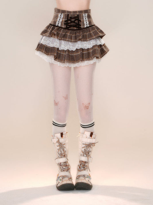 Tiered Plaid Brown Bow Accents Skirt