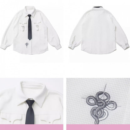 White Snake Buckle Strap Pockets Shirt with Free Tie