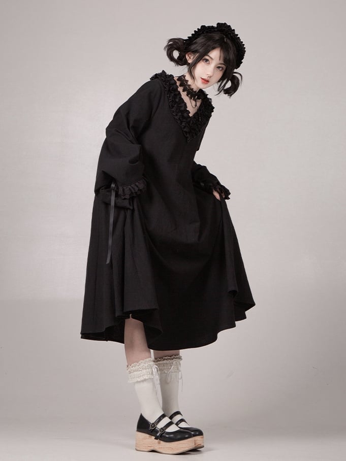 Dress Ruffled Version Black Wa Long V-neck Lolita Sleeves