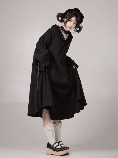 Dress Ruffled Version Black Wa Long V-neck Lolita Sleeves